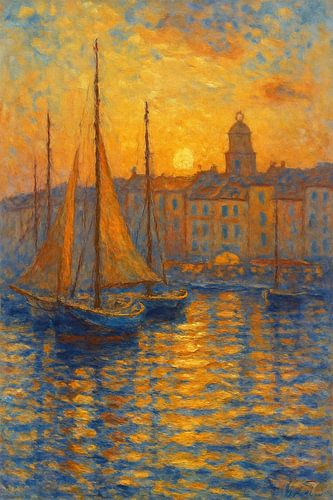 Saint-Tropez Sunset Glow - Monet geïnspireerde haven impressionistische print