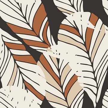 Boho style leaves in retro colors. Modern botanical art in white, terra, beige on black by Dina Dankers