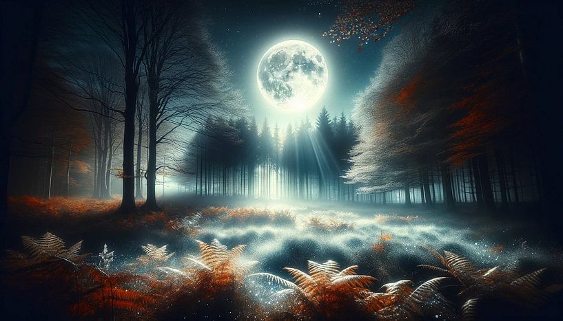 Moonlight magic over the misty fern field by artefacti