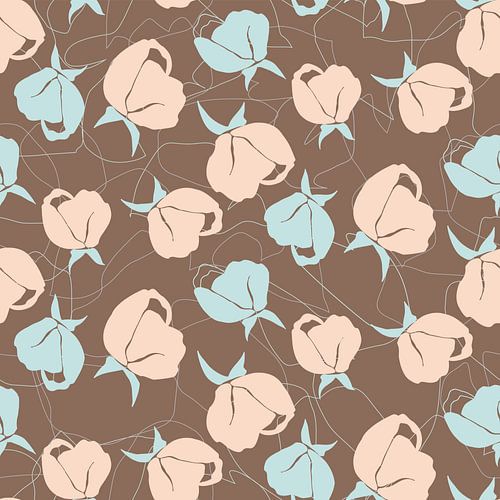 Retro bloesem. Abstracte botanische kunst in pastel roze, blauw, bruin.