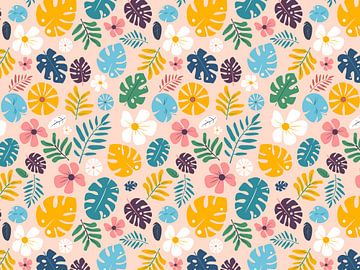 Tropisches Hawaii-Blatt- und Blütenmuster - Version für Tapeten von Mixed media vector arts