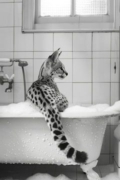 Serval in der Badewanne - Ein charmantes Badezimmerkunstwerk für Ihr WC von Felix Brönnimann
