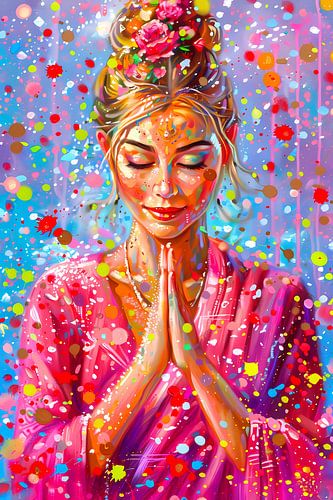 Mediterende vrouw omringd door kleurrijke abstractie