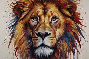 Lion with colourful mane by De Muurdecoratie