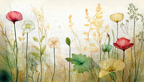 Botanische Kunst. Rustiek Bloemenveld in warme tinten