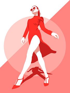 Lady in the spotlight - Illustratie van een vrouw (Kleur: Coraal) van Tim de Leeuw