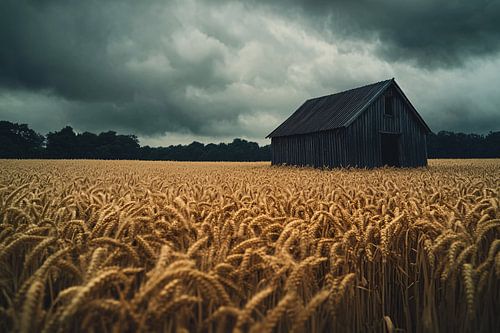 Vieille grange dans un champ de céréales