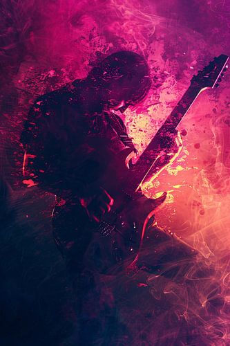 Guitariste enveloppé dans une fumée colorée abstraite