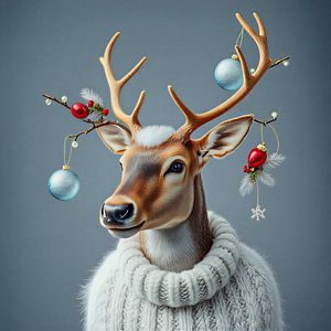 Kunst-Rentier mit Wollpulli.