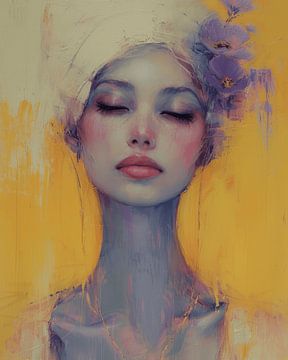 Modern portrait "I'm a dreamer" in yellow and lilac by Carla Van Iersel