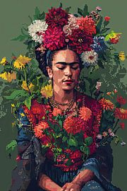 Frida's digital flower crown - pixel art portrait for retro art enthusiasts and collectors by Poster Art Shop