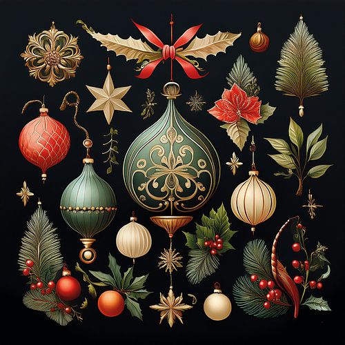 Vintage Christmas decorations on black