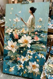 Gemälde im Atelier: Frau mit Blumen