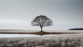 Zwart-wit landschap met een boom
