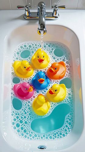 Rubber ducks swim together in the bathtub