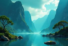 Digital Landscape: Teal Lake and Verdant Mountains by Markus Gann