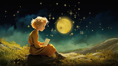 Sterrenkind met maan, decoratieve illustratie