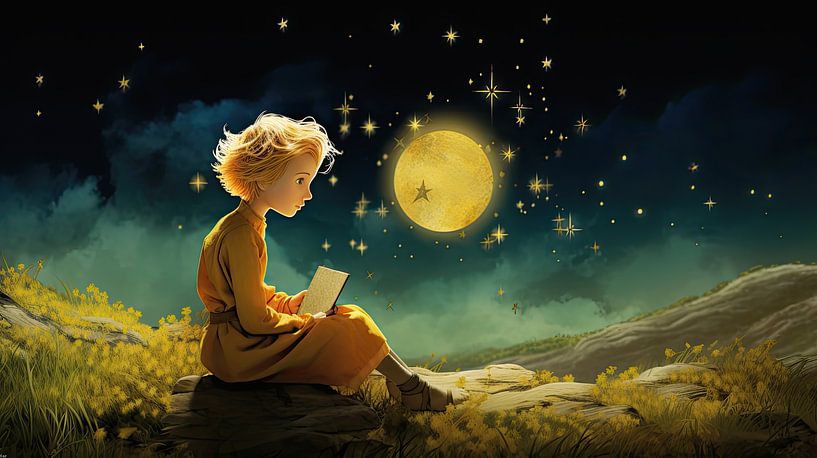 Sternenkind mit Mond, dekorative Illustration von Vlindertuin-Art
