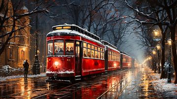 Oude rode tram in de stad bij nacht in de winter van Animaflora PicsStock