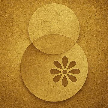 Abstract still life in gold with circles and floral motif by Kleurenrijk