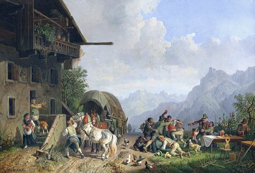Vechten voor een herberg, HEINRICH BÜRKEL, rond 1853-1856
