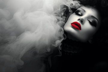 Mystische Dame mit roten Lippen, Schwarz-Weiß-Fotografie