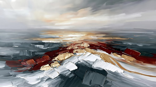 Grijs Abstract Schilderij: Een Gouden Draad door de Stilte