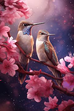 Kolibries op een tak met roze bloemen van Danny van Eldik - Perfect Pixel Design