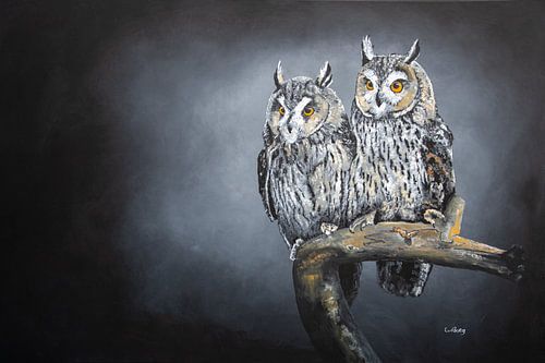 Eulen auf dunklem Hintergrund in Öl