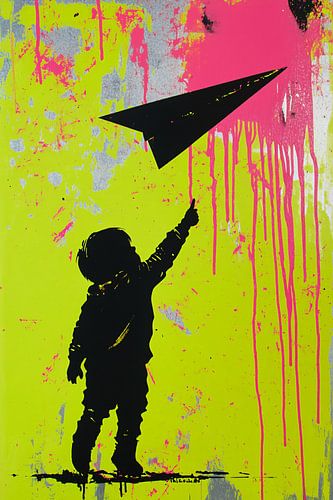 Kind met papieren vliegtuig silhouet