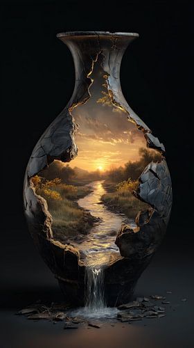 Water uit stenen vaas zonsondergang
