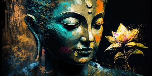 Blauwe Reflecties: Abstract Schilderij van Buddha en de Lotus Flower