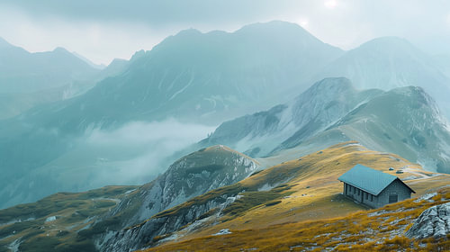 Alpine Hut in Morning Mist Panorama