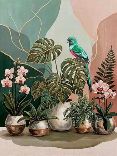 Modernes biophiles Design mit exotischen Vögeln und Orchideen