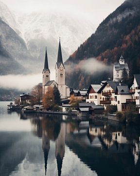 Kleine stad in Oostenrijk aan het meer in de herfst van fernlichtsicht