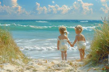 zwei Kinder am Strand mit Blick auf das Meer von Egon Zitter