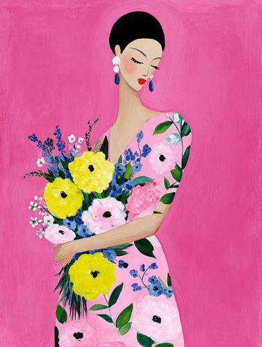 Frau mit Blumenstrauß in einem rosa Kleid von Studio Allee
