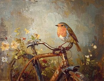 Roodborstje op het stuur van een verroeste kinderfiets van Emiel de Lange