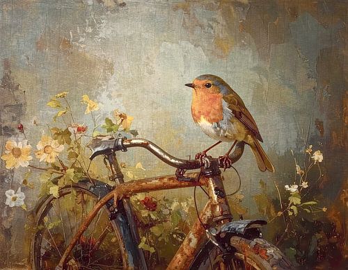 Roodborstje op het stuur van een verroeste kinderfiets