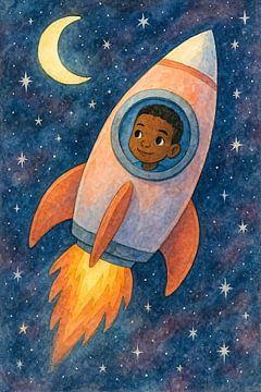 Kleine astronaut in raket (AI) (avontuur, maan, sterren, donkeren huidskleur, nacht, schilderij, jongen, kinderkamer, raketreis, fantasie, heelal) van Natalie Bruns