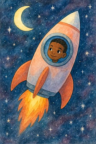 Kleine astronaut in raket (AI) (avontuur, maan, sterren, donkeren huidskleur, nacht, schilderij, jongen, kinderkamer, raketreis, fantasie, heelal)