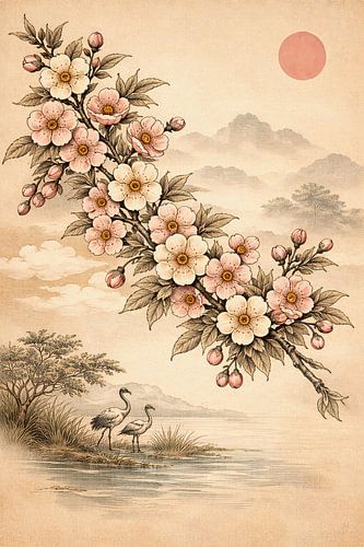 Zachte Ochtendbloesem – serene bloesemtak met kraanvogels