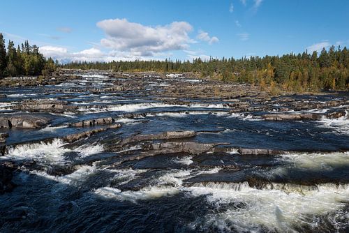 Trappstegsforsen la chute d'eau en cascade sur la route sauvage en Suède en automne