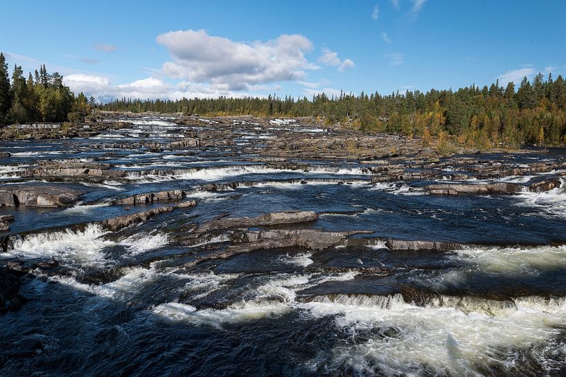 Trappstegsforsen the cascading waterfall on the wilderness road in Sweden in autumn by Karin Jähne