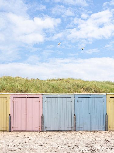 Pastel gekleurde strandhuisjes in Zeeland, Nederland