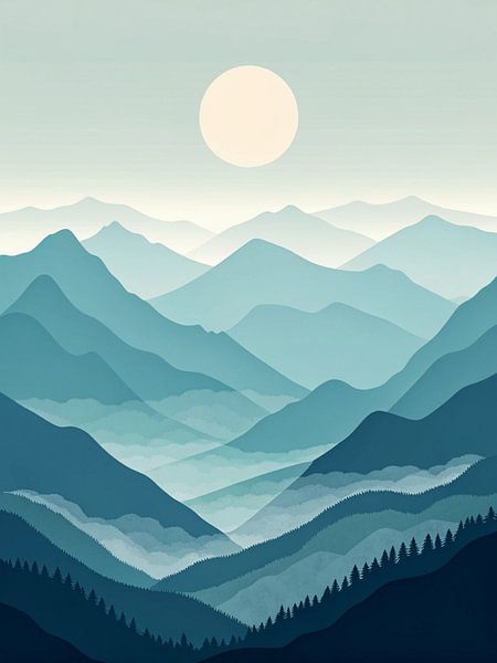 Grand Minimalist Mountain Range Landscape with Serene Sun and Misty Valleys by Artistic