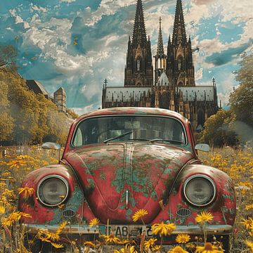 Volkswagen VW Kever Keulen Dom bloemenweide vintage auto psychedelisch van gm_designs