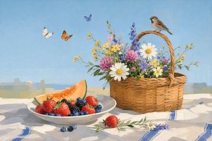 Sommerliches Stillleben mit Feldblumen in einem Weidenkorb und frischem Obst.