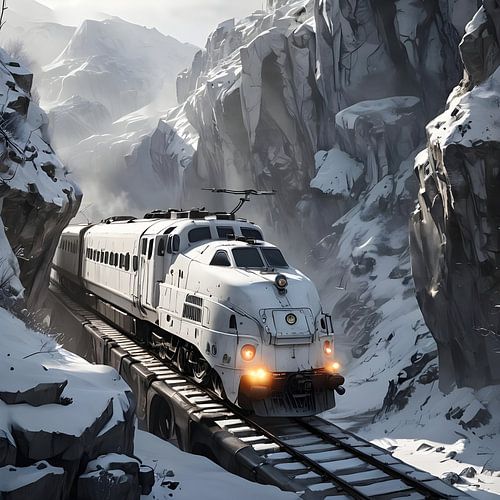 a white train crosses a snowy gorge, steampunk