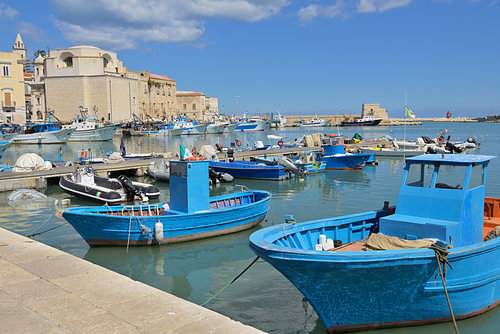 Des bateaux de pêche bleus dans le charmant port de pêche de Trani